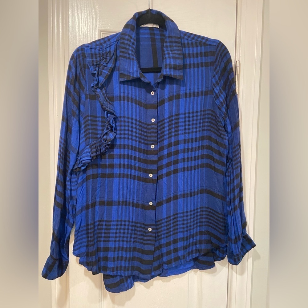 Dex Royal Blue Black Plaid Flannel Button Down Shirt Ruffle Shoulder Size M